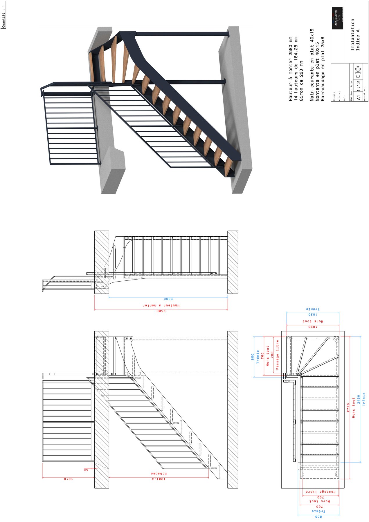 Plan d'implantation coté d'un escalier quart tournant avec vue 3D, vues de face et vue de dessus