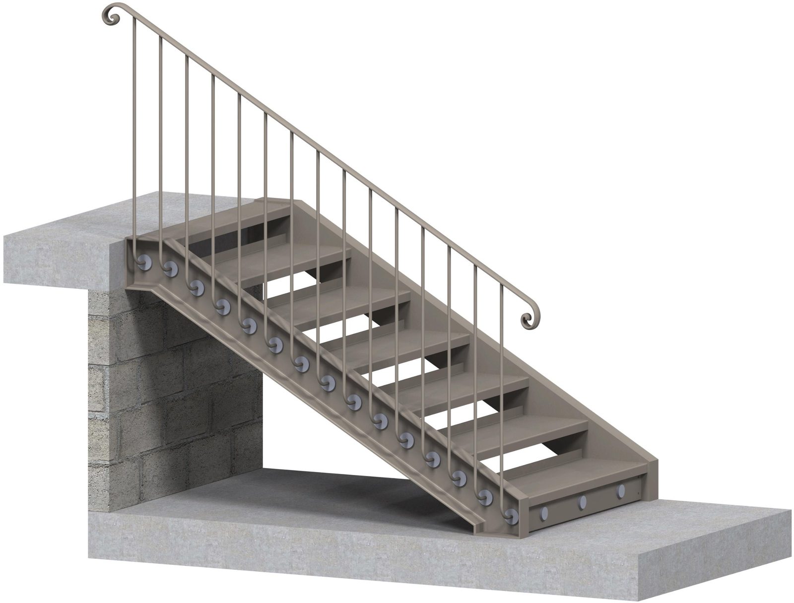 Rendu 3D d'un escalier droit avec main courante à volute
