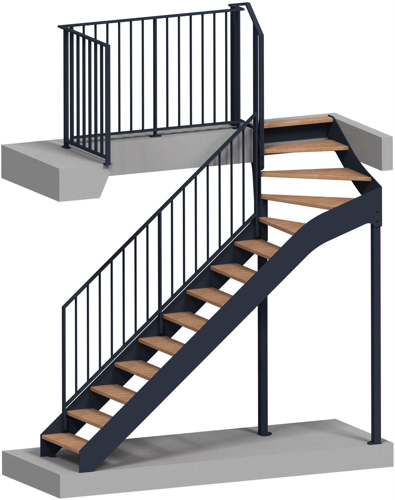 Rendu 3D d'un escalier quart tournant en acier noir et marches bois